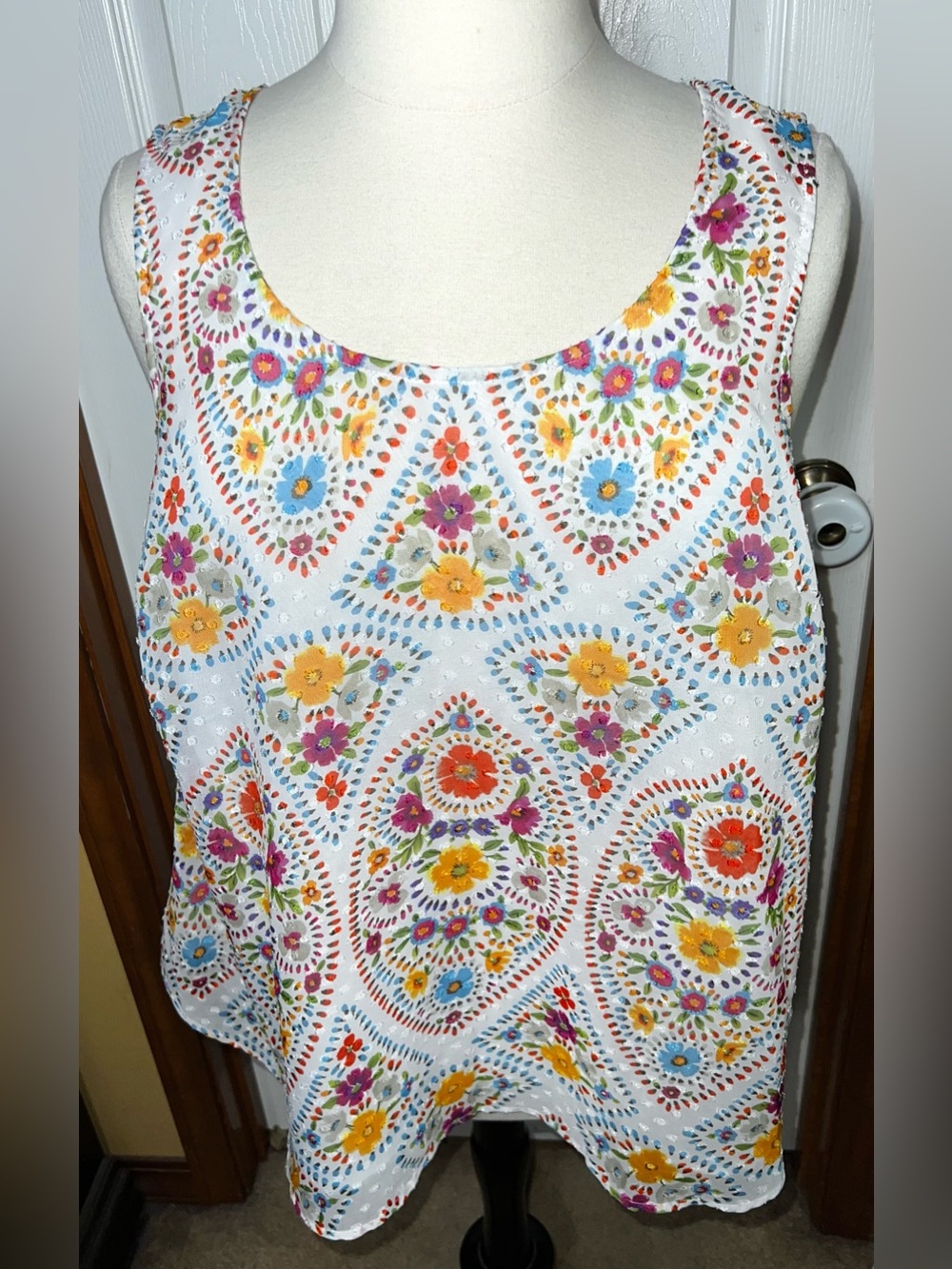 Boho Sleeveless Blouse Tank Top Bohemian White/Multicolor Lightweight 1X